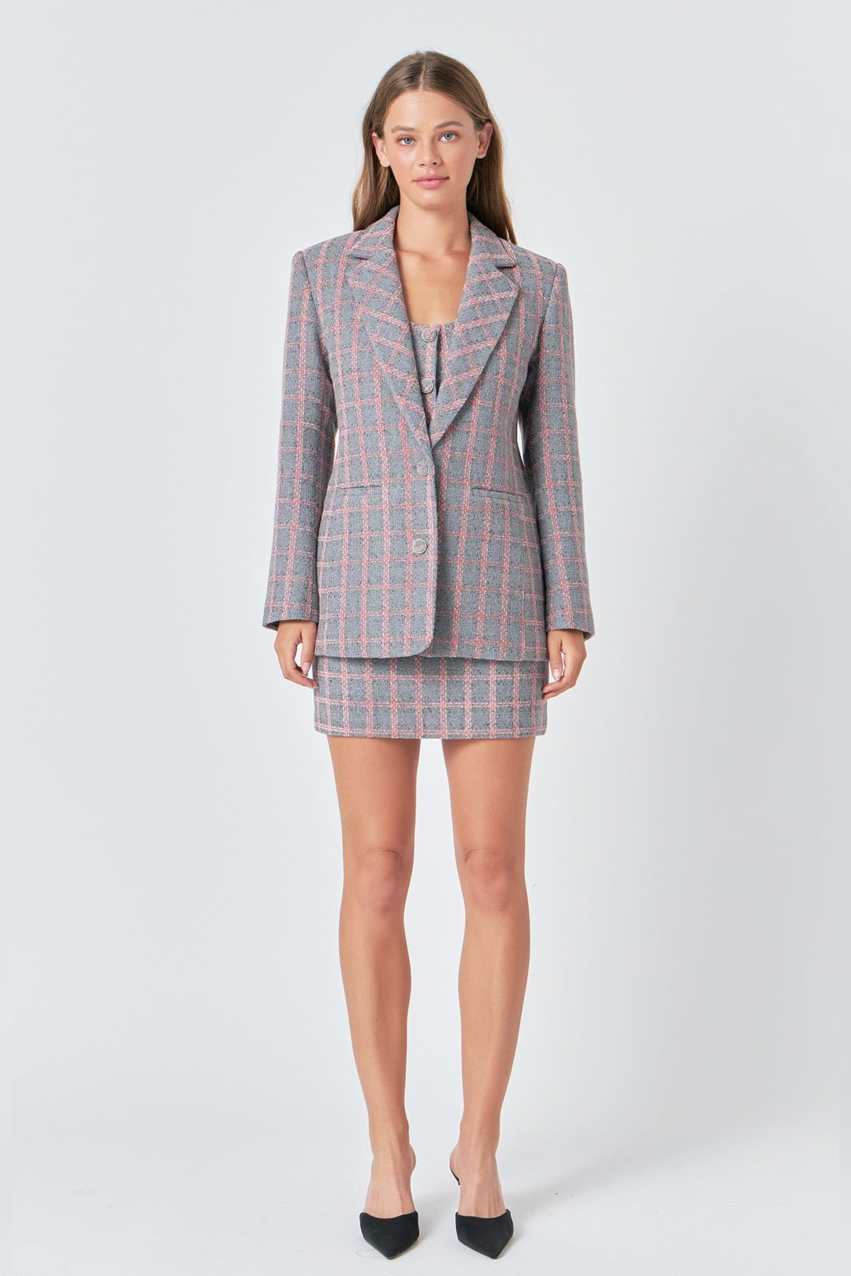 ENDLESS ROSE - Checkered Tweed Single Breast Blazer - BLAZERS available at Objectrare