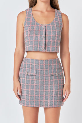 ENDLESS ROSE - Endless Rose - Grid Tweed Button Crop Top - TOPS available at Objectrare