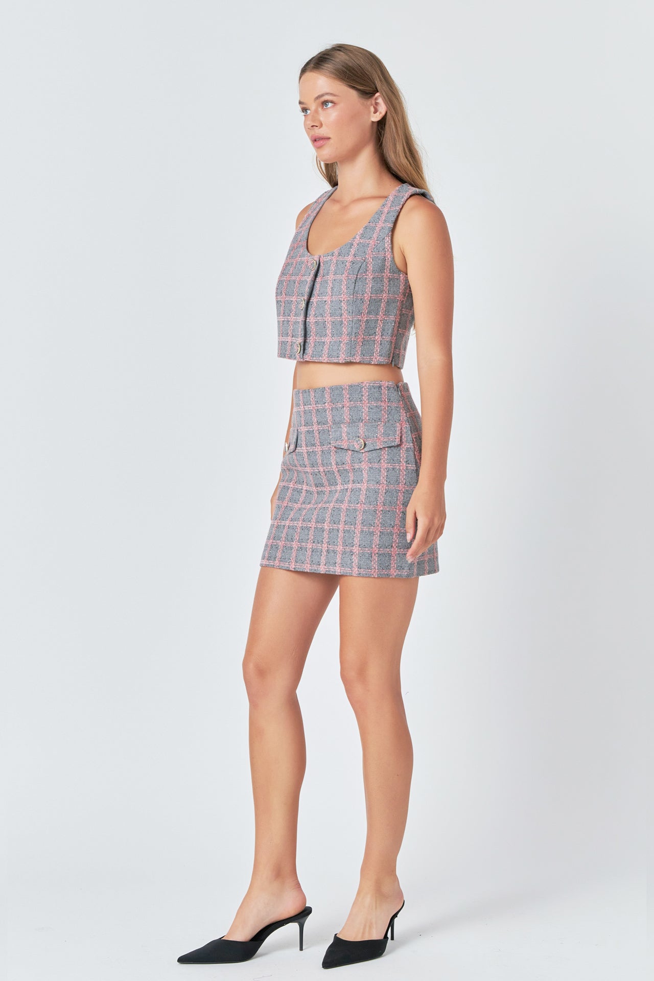 ENDLESS ROSE - Endless Rose - Checkered Tweed Button Crop Top - TOPS available at Objectrare