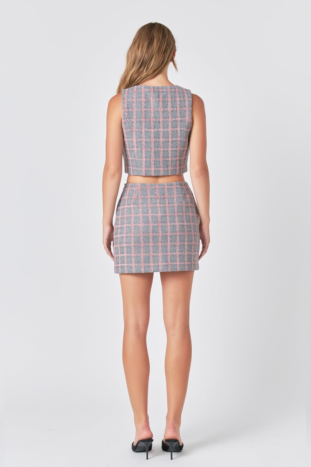 ENDLESS ROSE - Endless Rose - Checkered Tweed Button Crop Top - TOPS available at Objectrare