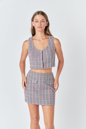 ENDLESS ROSE - Endless Rose - Grid Tweed Button Crop Top - TOPS available at Objectrare