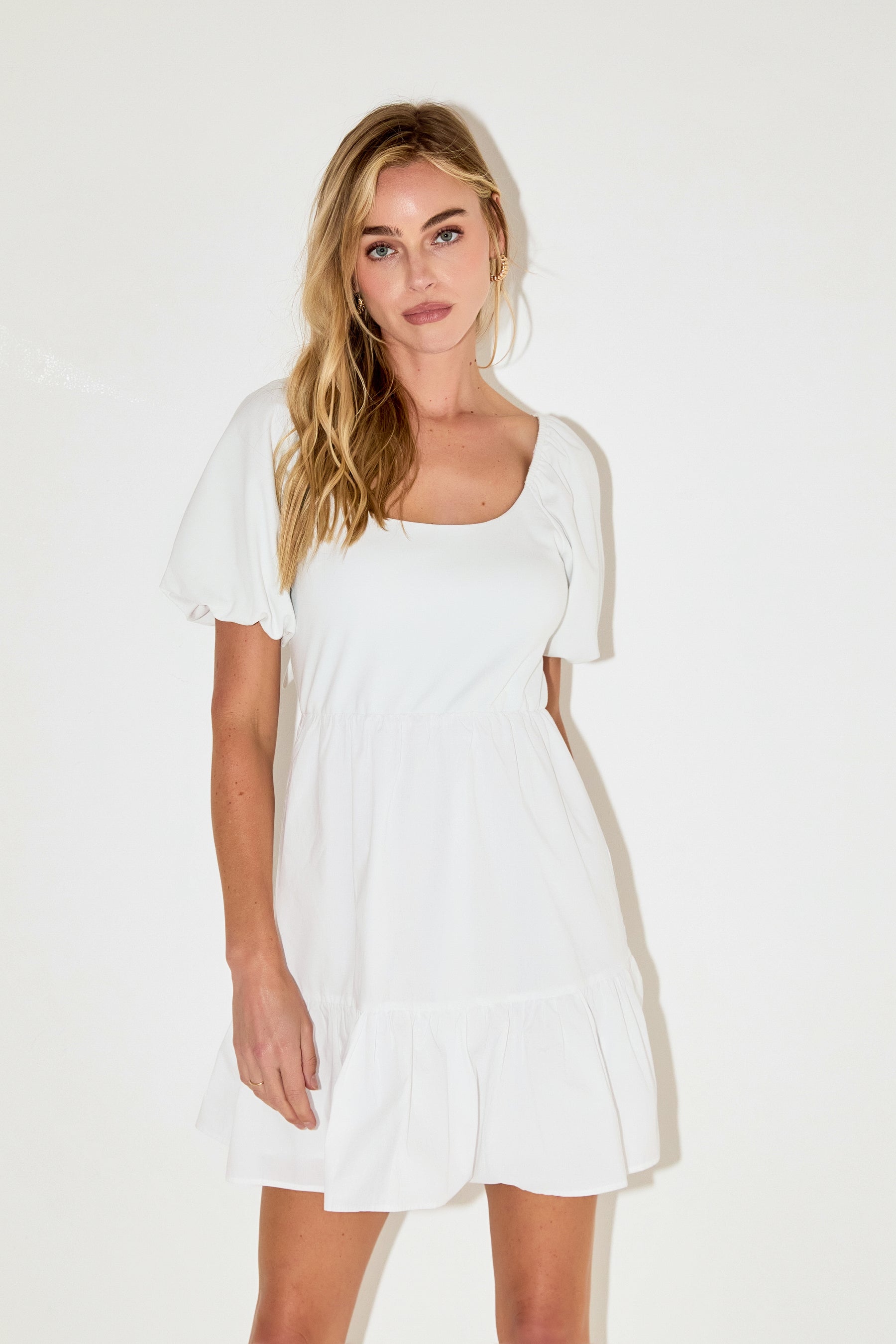 ENGLISH FACTORY - Mixed Media Puff Sleeve Back Bow Dress - DRESSES available at Objectrare