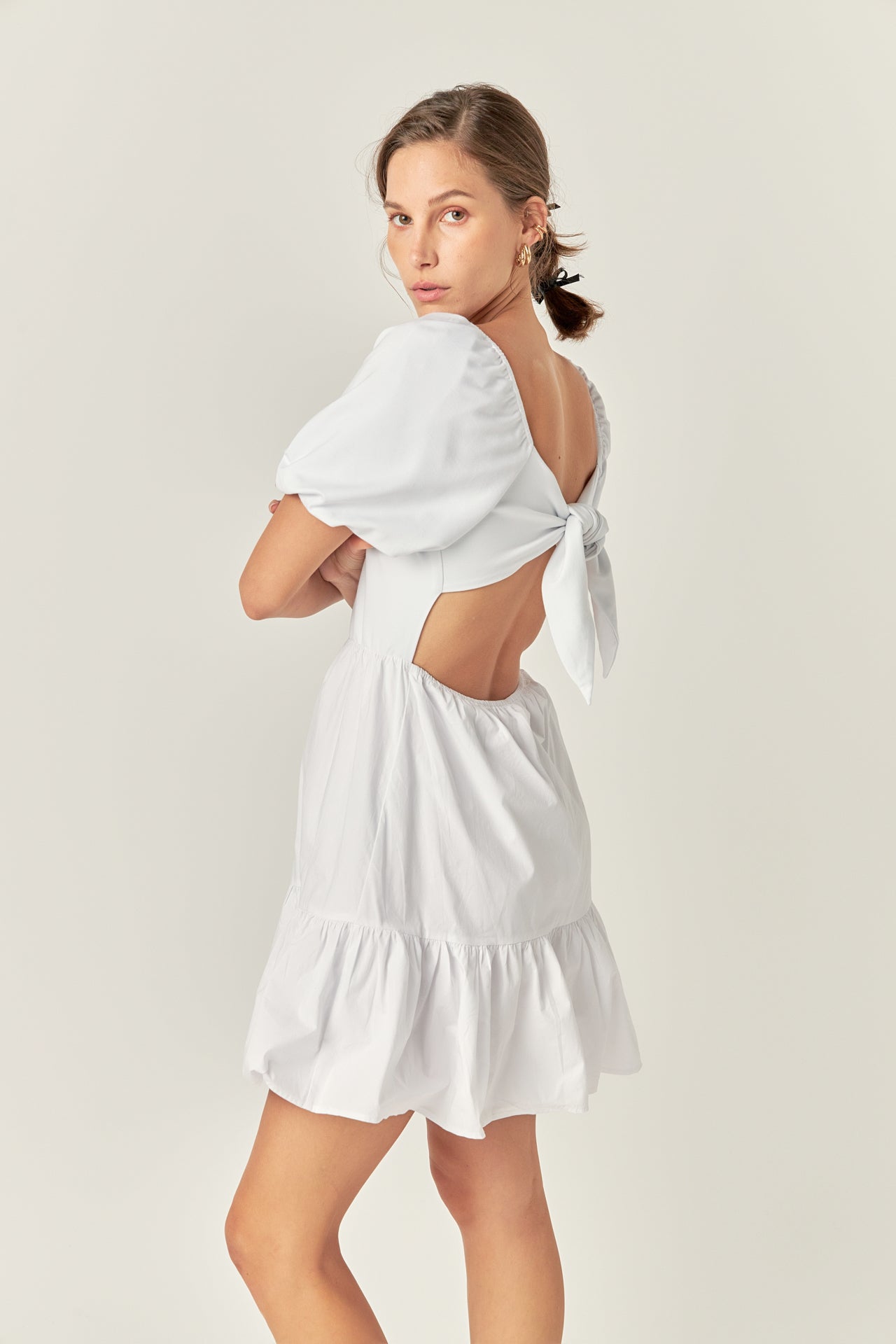 ENGLISH FACTORY - Mixed Media Puff Sleeve Back Bow Dress - DRESSES available at Objectrare