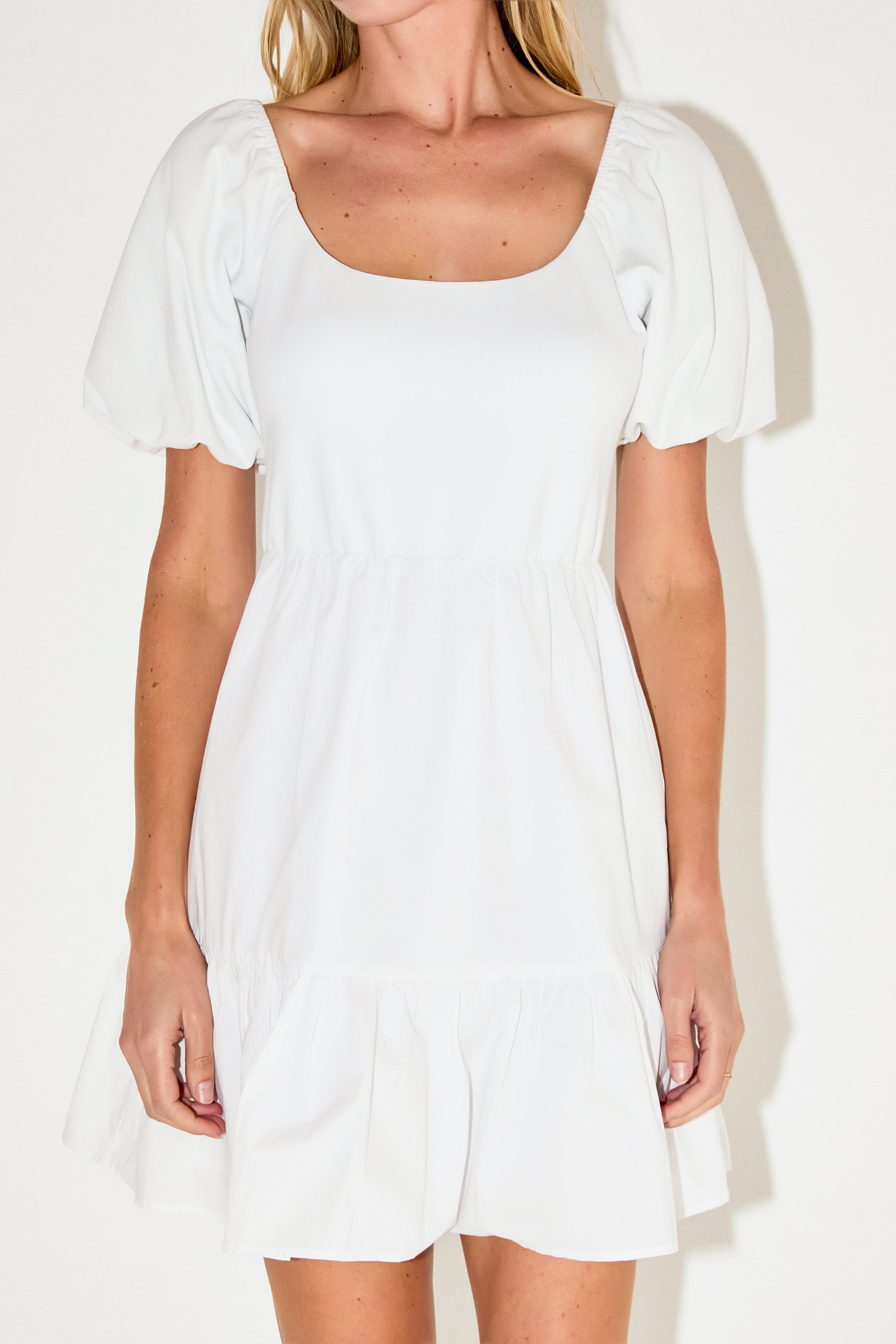 ENGLISH FACTORY - Mixed Media Puff Sleeve Back Bow Dress - DRESSES available at Objectrare