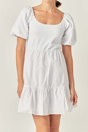 ENGLISH FACTORY - Mixed Media Puff Sleeve Back Bow Dress - DRESSES available at Objectrare
