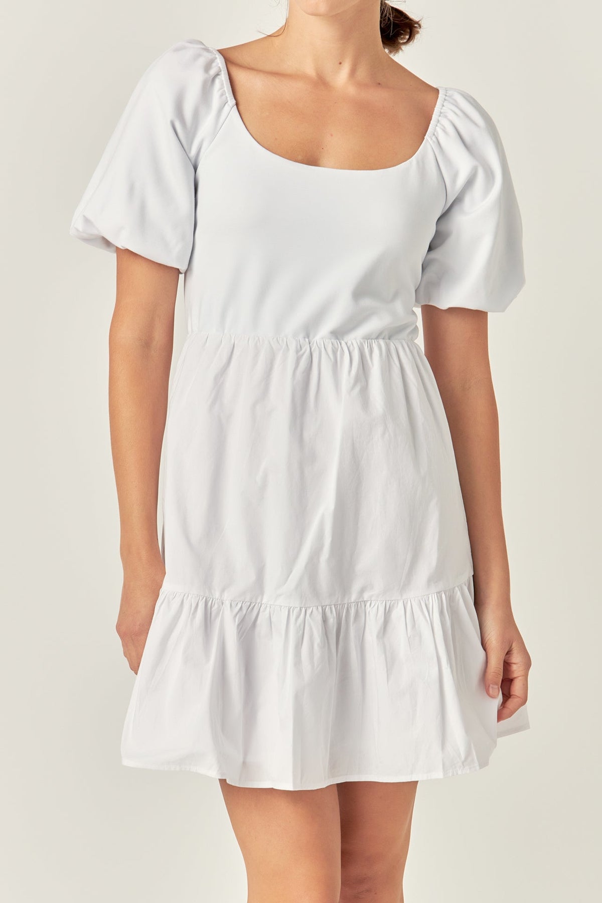 Mixed Media Puff Sleeve Back Bow Dress