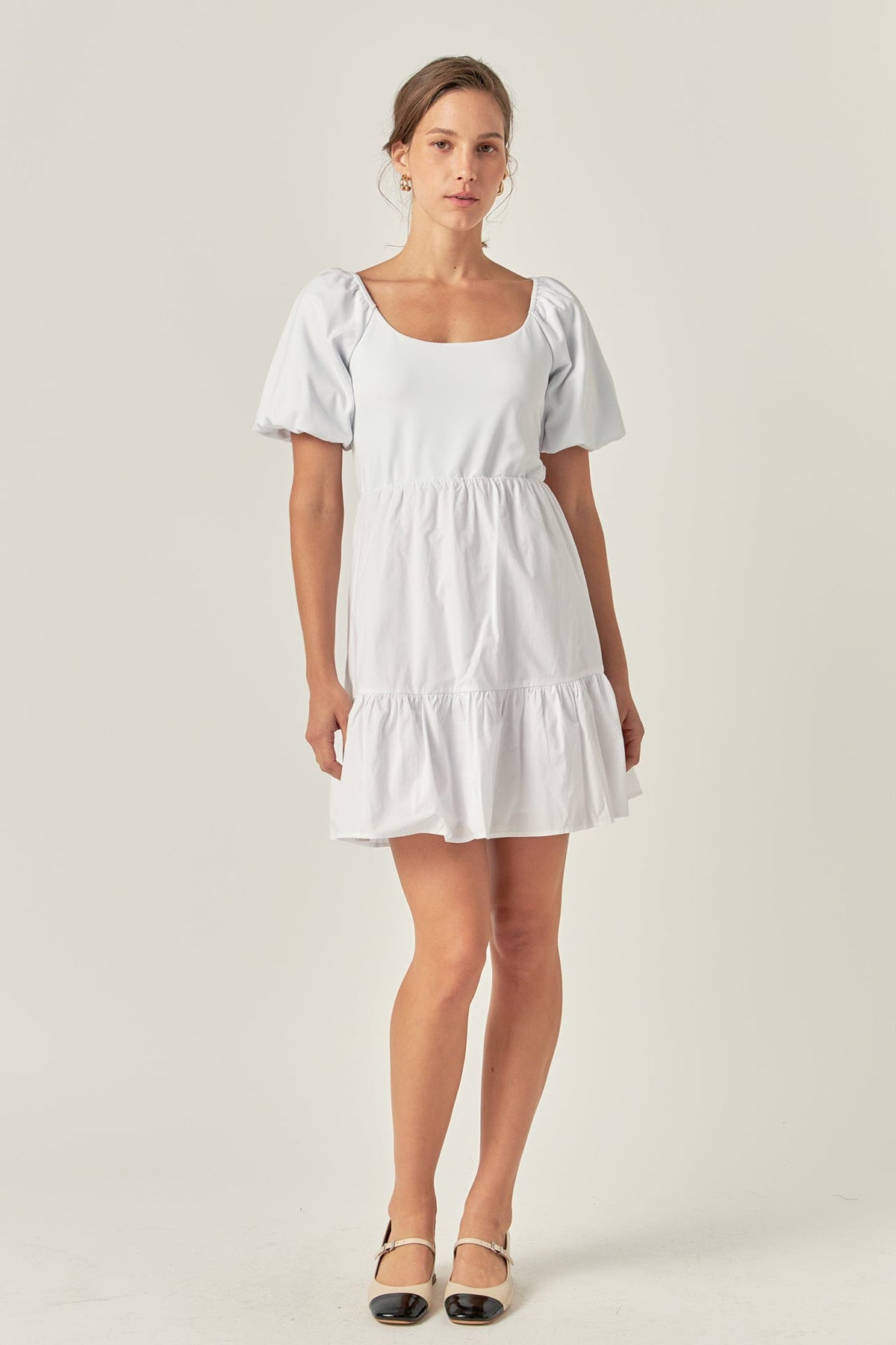 Mixed Media Puff Sleeve Back Bow Dress
