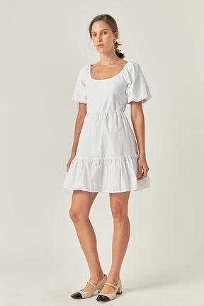 ENGLISH FACTORY - Mixed Media Puff Sleeve Back Bow Dress - DRESSES available at Objectrare