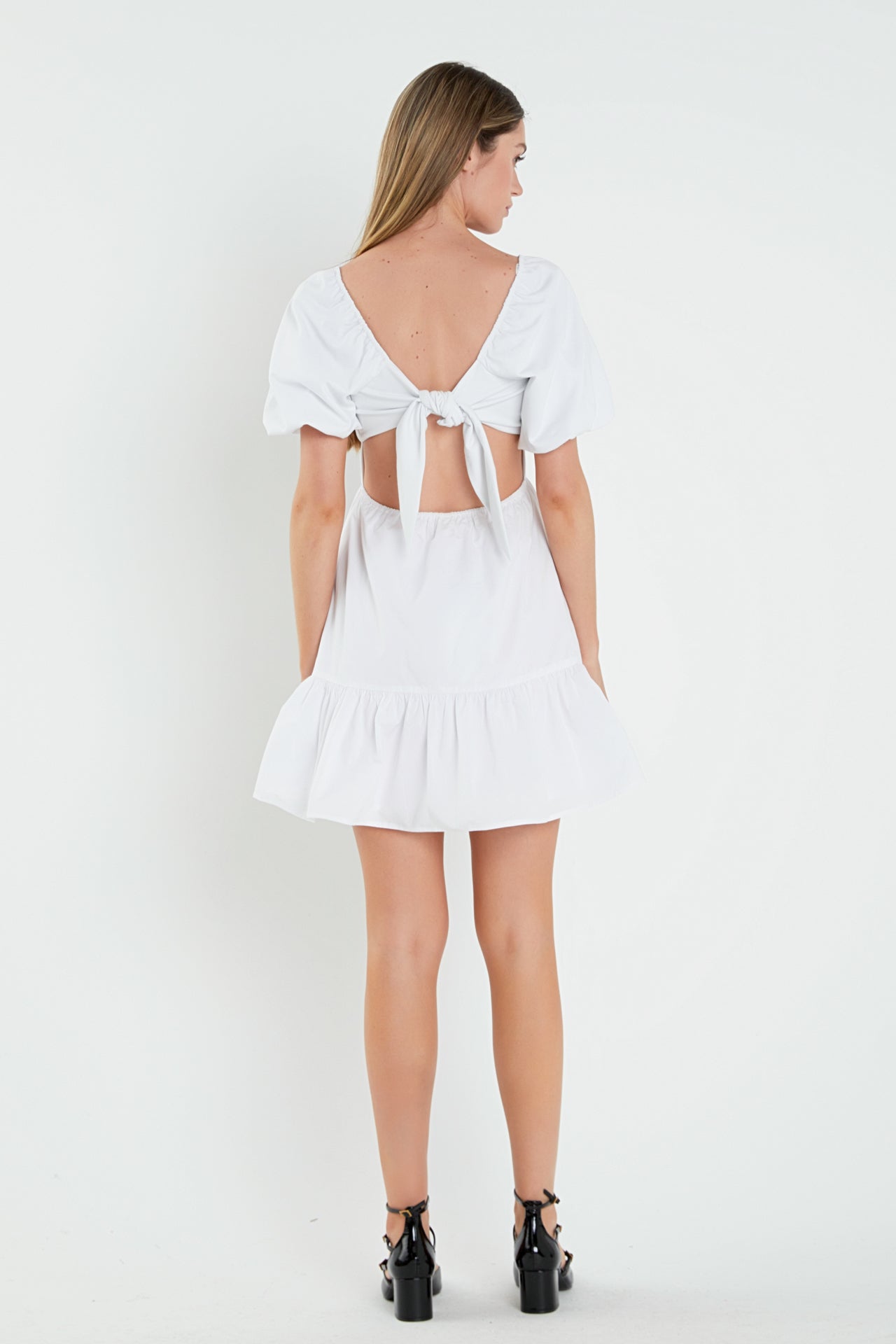 ENGLISH FACTORY - Mixed Media Puff Sleeve Back Bow Dress - DRESSES available at Objectrare