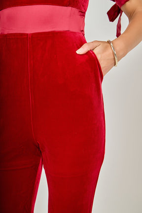 Bow Tie Sleeve Velvet Jumpsuit