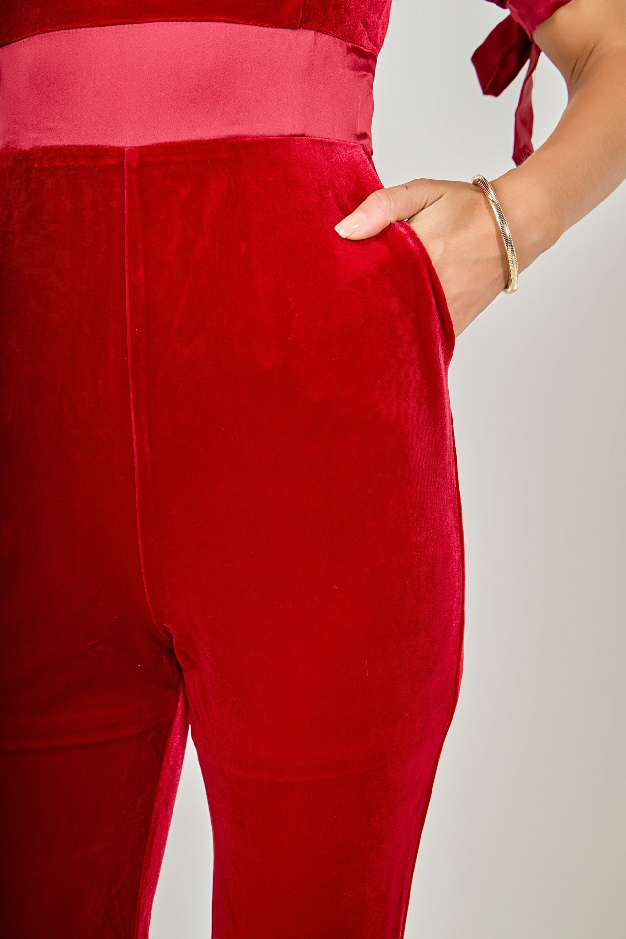 ENDLESS ROSE - Bow Tie Sleeve Velvet Jumpsuit - JUMPSUITS available at Objectrare