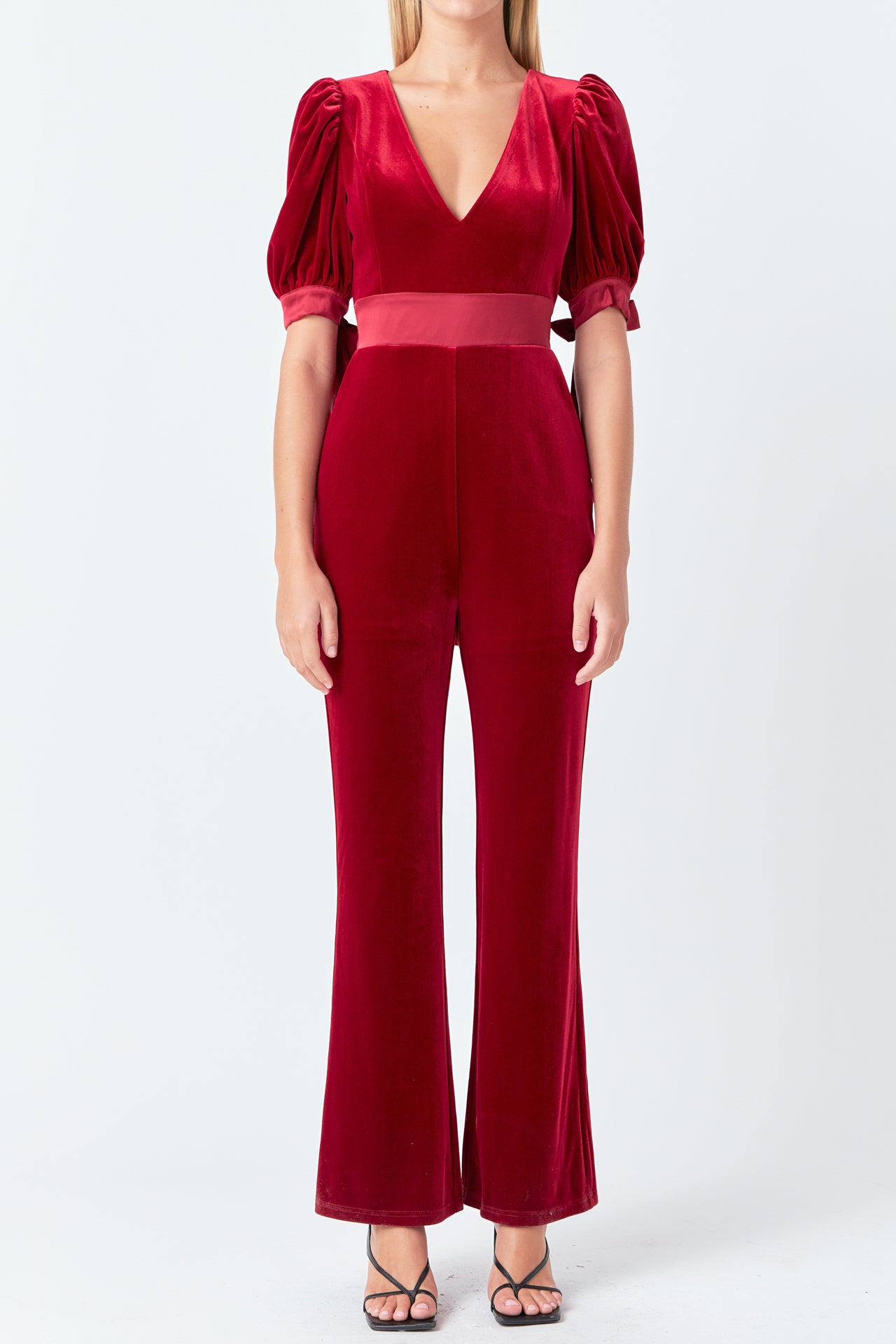 ENDLESS ROSE - Bow Tie Sleeve Velvet Jumpsuit - JUMPSUITS available at Objectrare