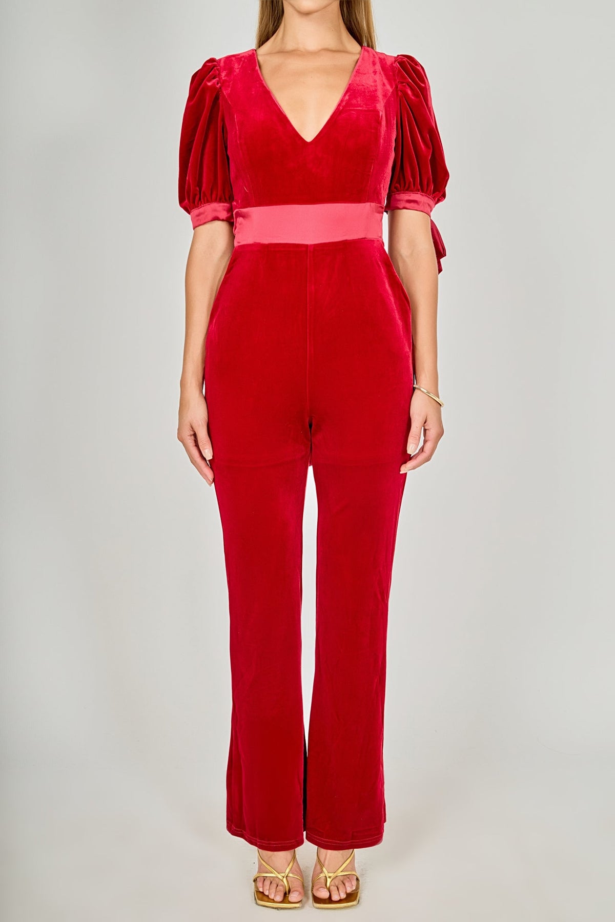 ENDLESS ROSE - Bow Tie Sleeve Velvet Jumpsuit - JUMPSUITS available at Objectrare