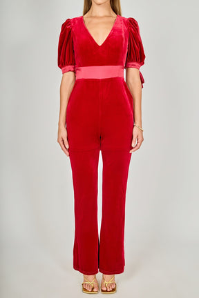 ENDLESS ROSE - Bow Tie Sleeve Velvet Jumpsuit - JUMPSUITS available at Objectrare