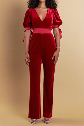 ENDLESS ROSE - Bow Tie Sleeve Velvet Jumpsuit - JUMPSUITS available at Objectrare