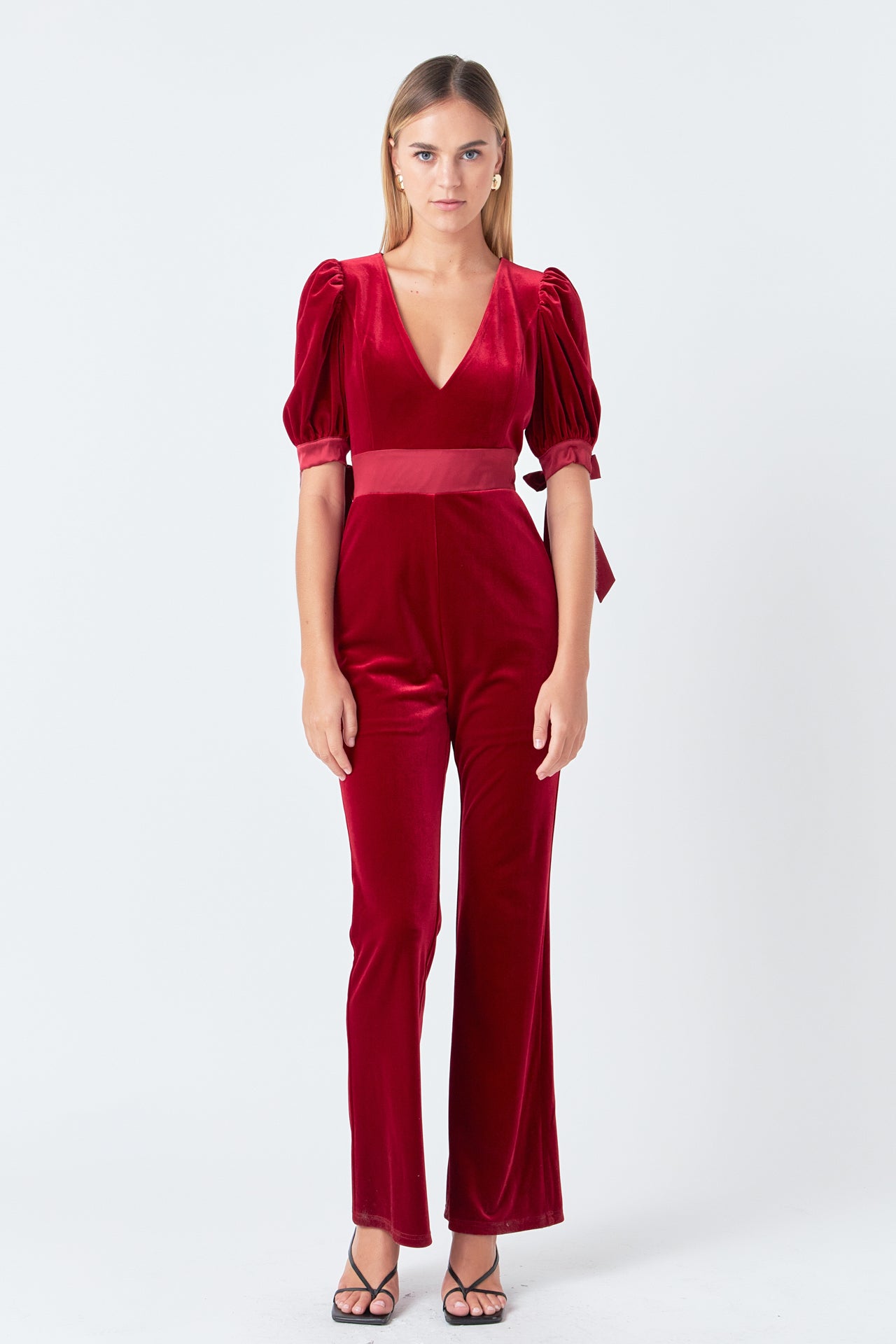 ENDLESS ROSE - Bow Tie Sleeve Velvet Jumpsuit - JUMPSUITS available at Objectrare