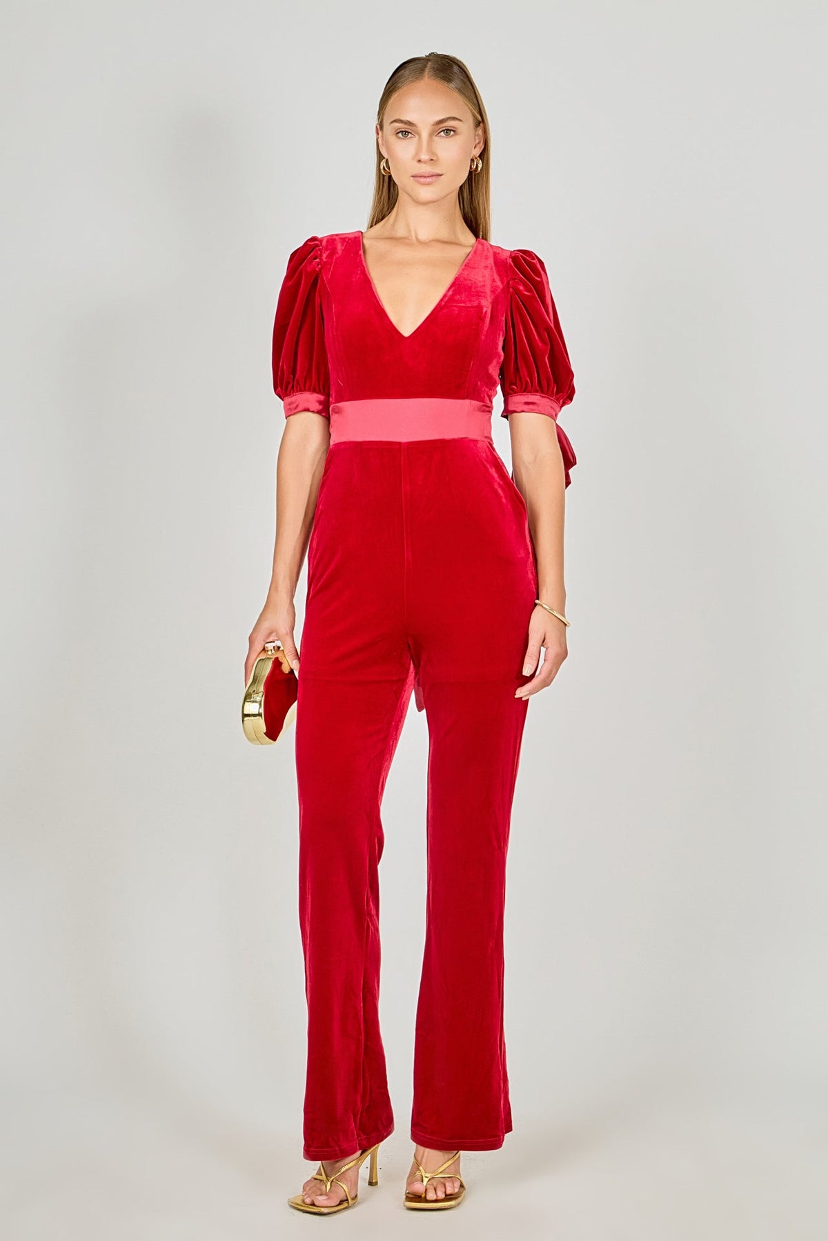 Bow Tie Sleeve Velvet Jumpsuit