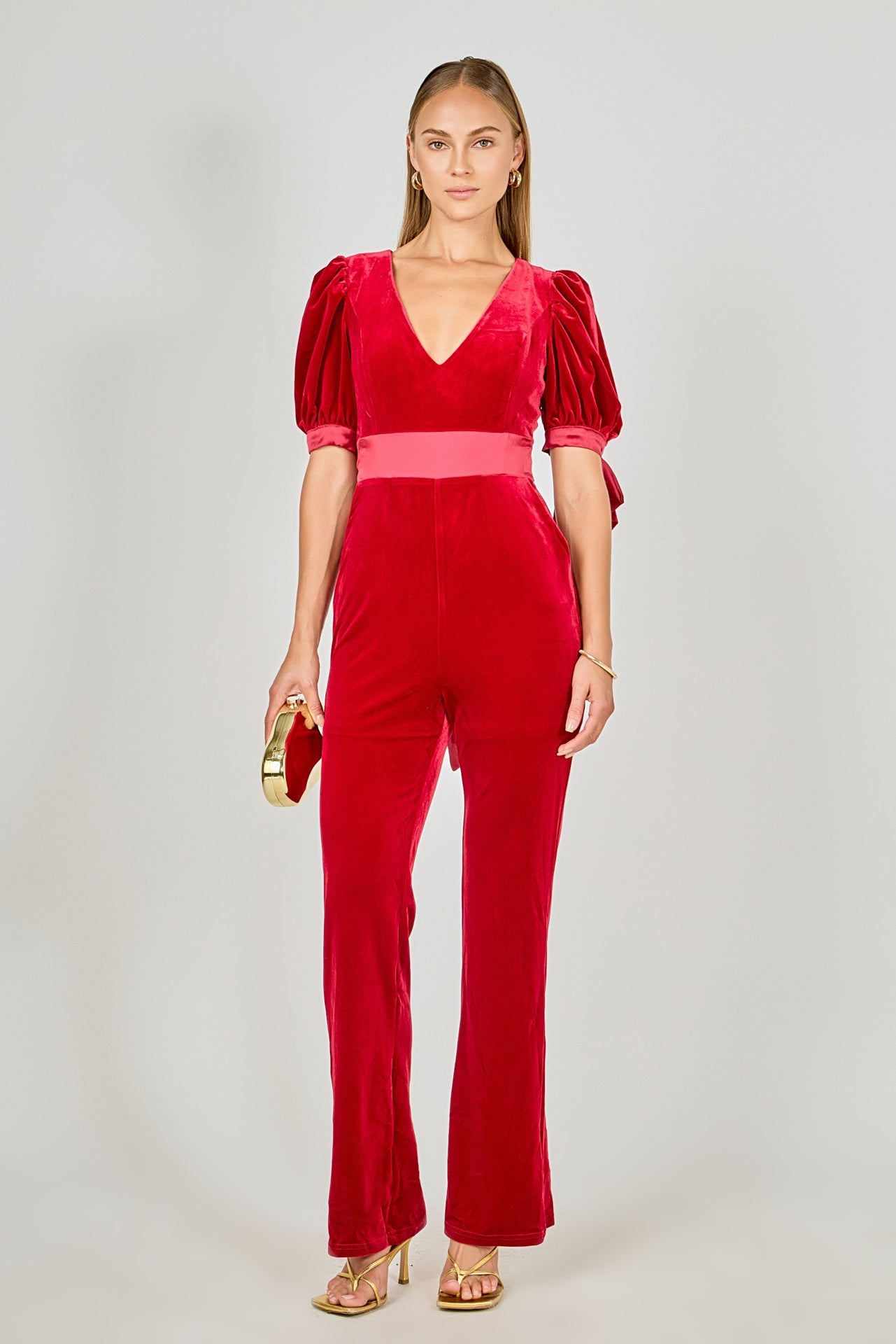 Bow Tie Sleeve Velvet Jumpsuit