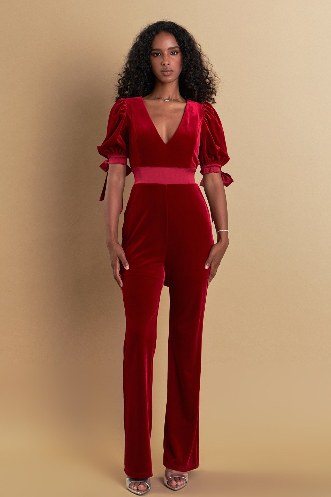 ENDLESS ROSE - Endless Rose - Bow Tie Sleeve Velvet Jumpsuit - JUMPSUITS available at Objectrare