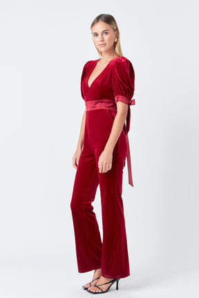 ENDLESS ROSE - Bow Tie Sleeve Velvet Jumpsuit - JUMPSUITS available at Objectrare