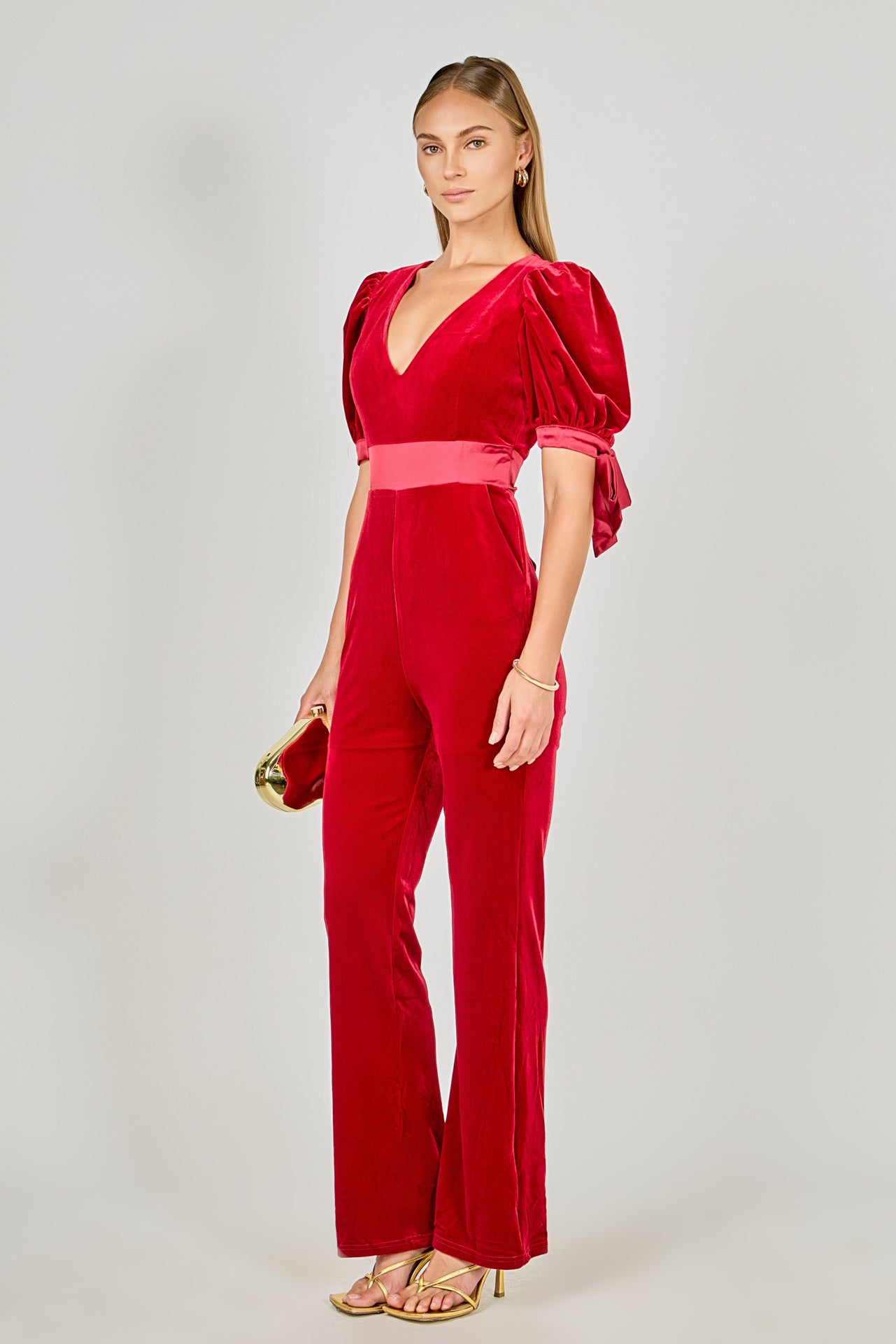 ENDLESS ROSE - Bow Tie Sleeve Velvet Jumpsuit - JUMPSUITS available at Objectrare