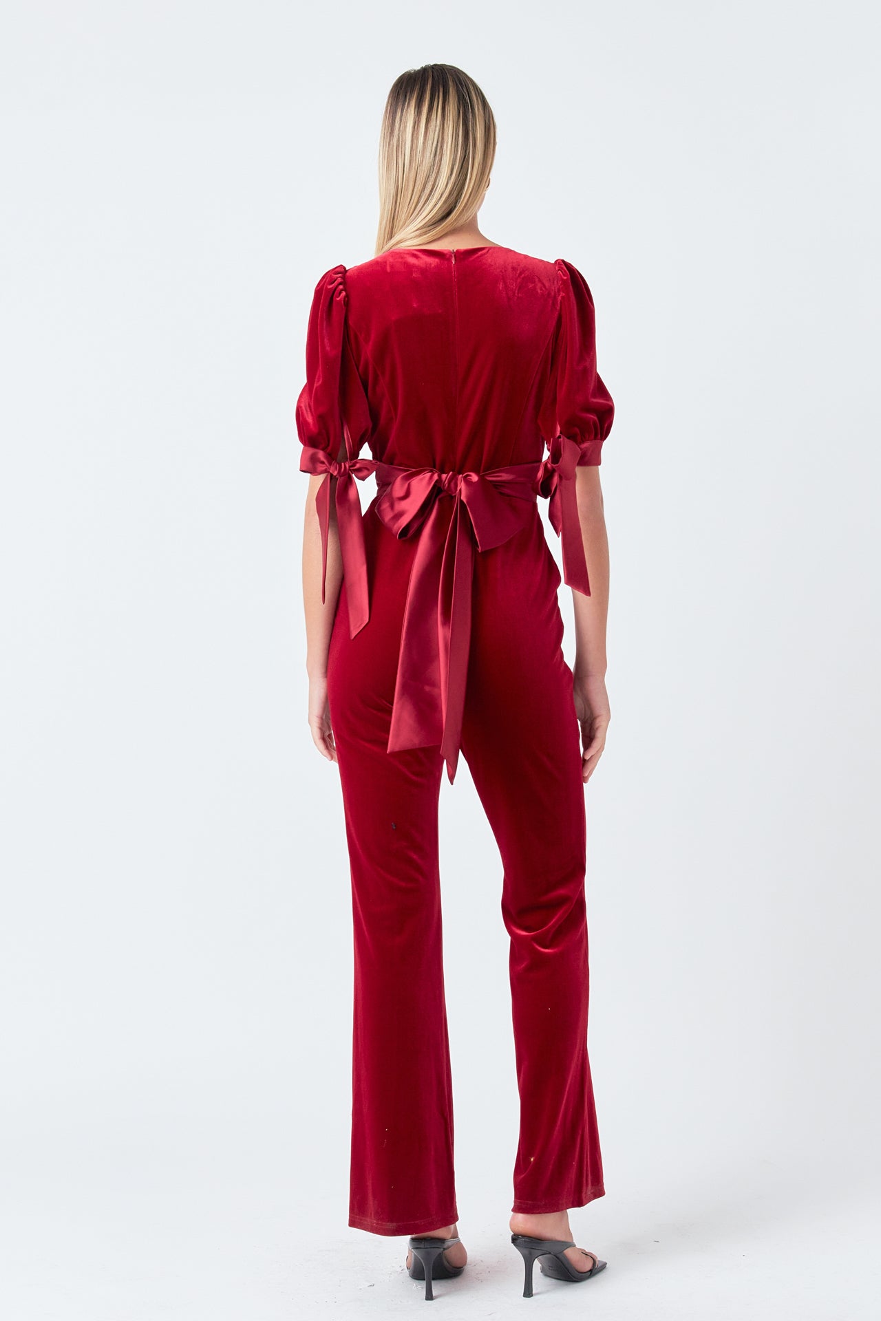 ENDLESS ROSE - Bow Tie Sleeve Velvet Jumpsuit - JUMPSUITS available at Objectrare