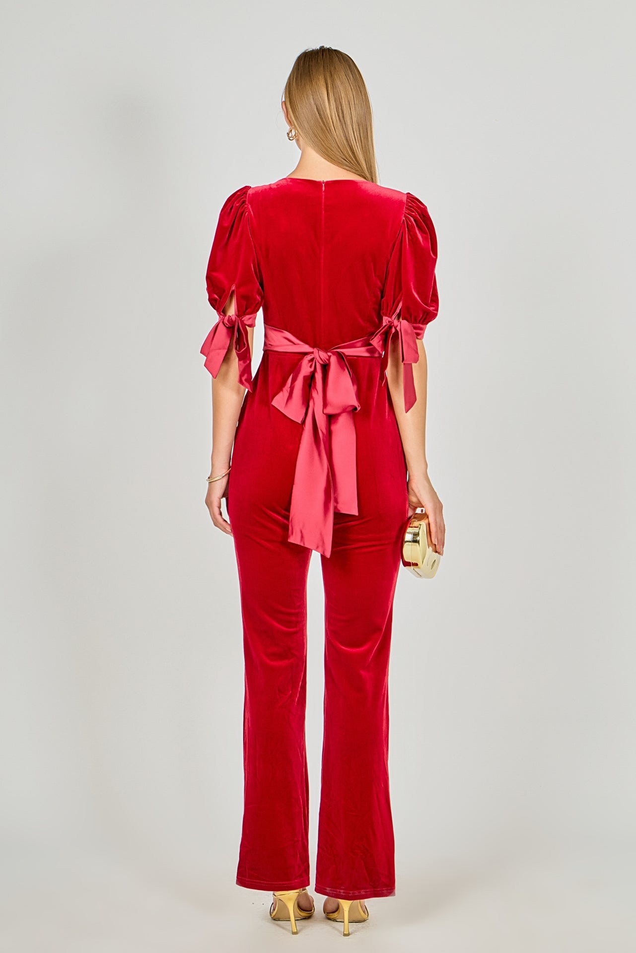 Bow Tie Sleeve Velvet Jumpsuit