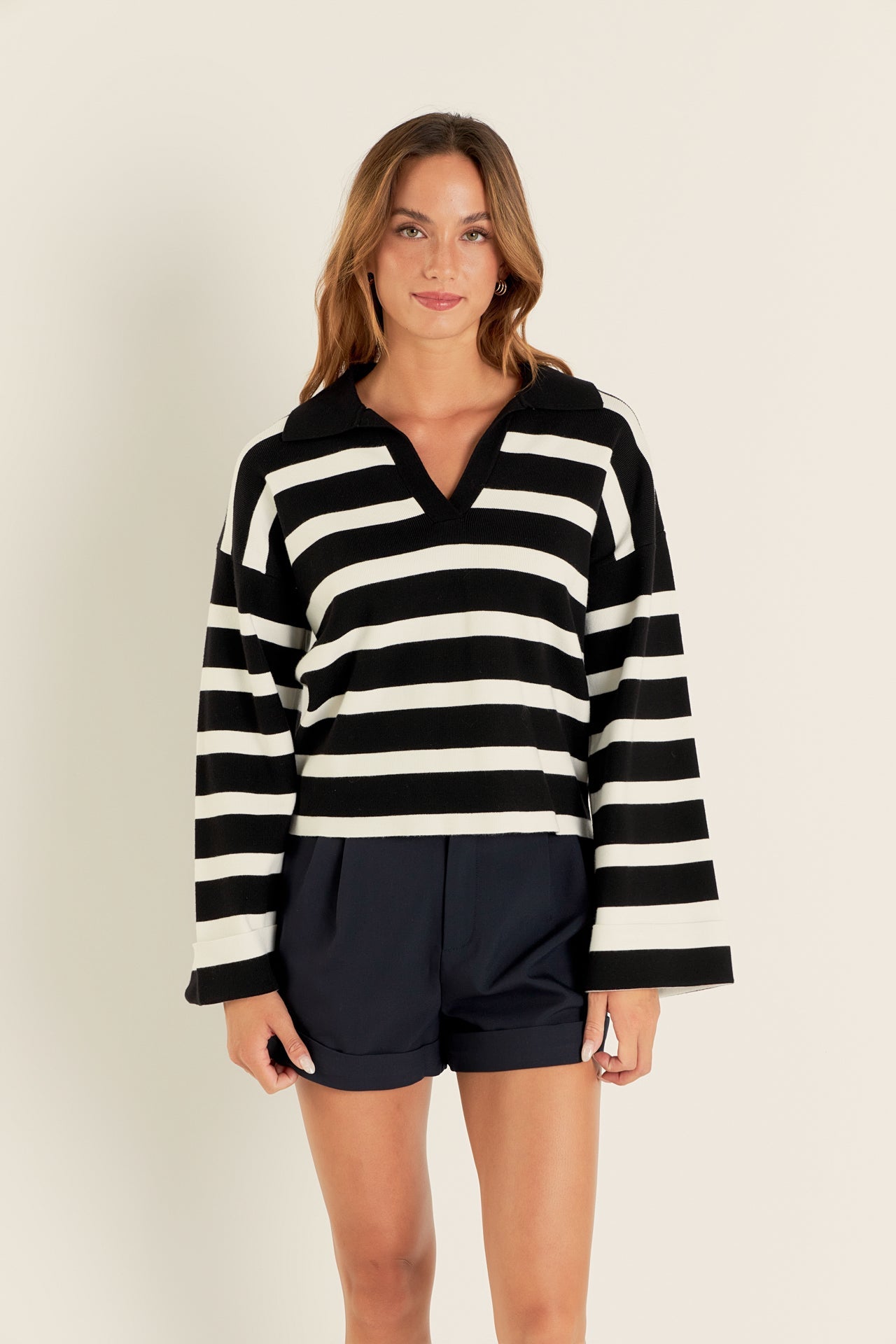 ENGLISH FACTORY - Striped Collared Cropped Sweater - SWEATERS & KNITS available at Objectrare