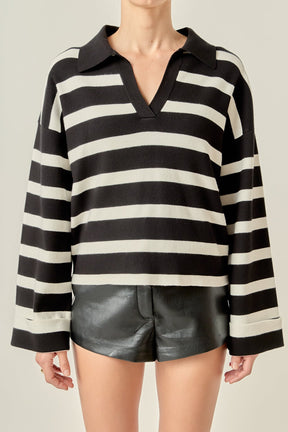 ENGLISH FACTORY - Striped Collared Cropped Sweater - SWEATERS & KNITS available at Objectrare