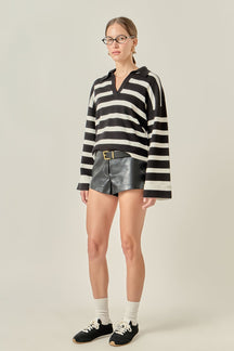 ENGLISH FACTORY - Striped Collared Cropped Sweater - SWEATERS & KNITS available at Objectrare