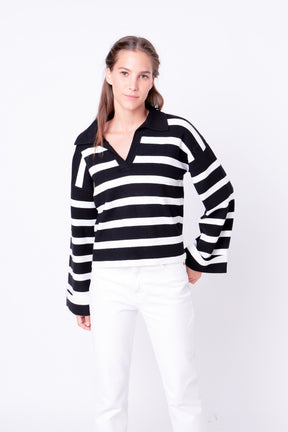 ENGLISH FACTORY - Striped Collared Cropped Sweater - SWEATERS & KNITS available at Objectrare