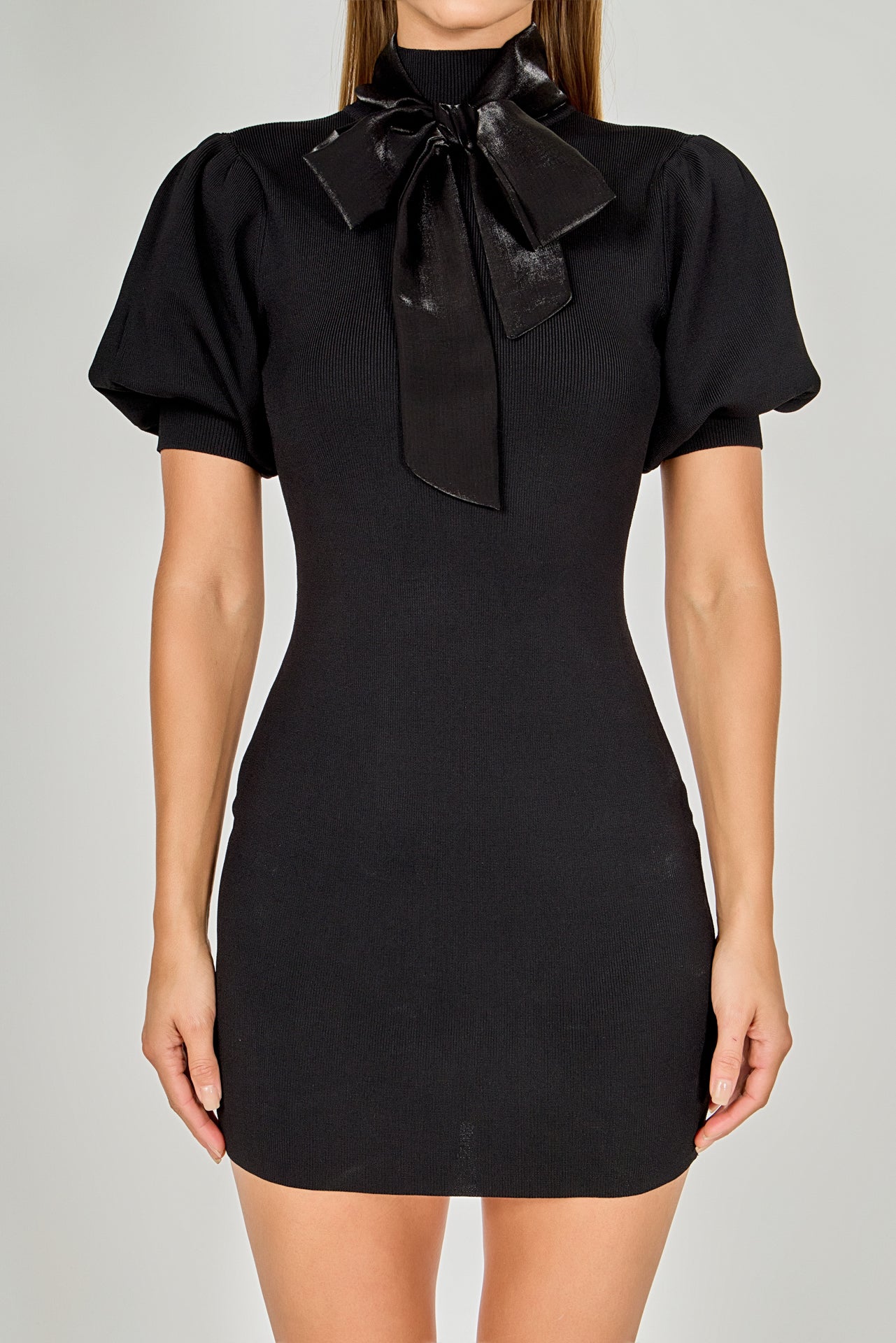 bow detail mini dress in jet black Bow-Detail Pleated A-Line Mini Dress in Black - 2