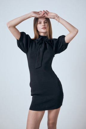 Sheen Bow Tie Knit Mini Dress