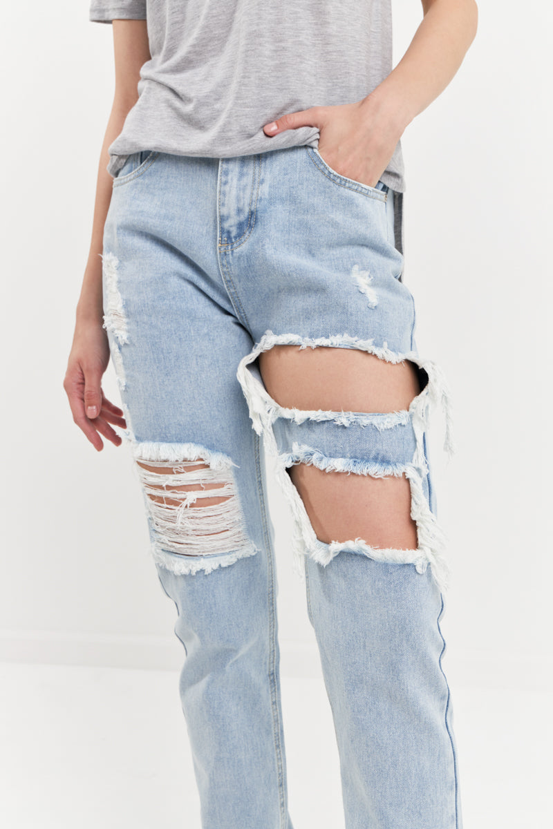 GREY LAB - High-Waisted Ripped Straight Leg Jeans - JEANS available at Objectrare