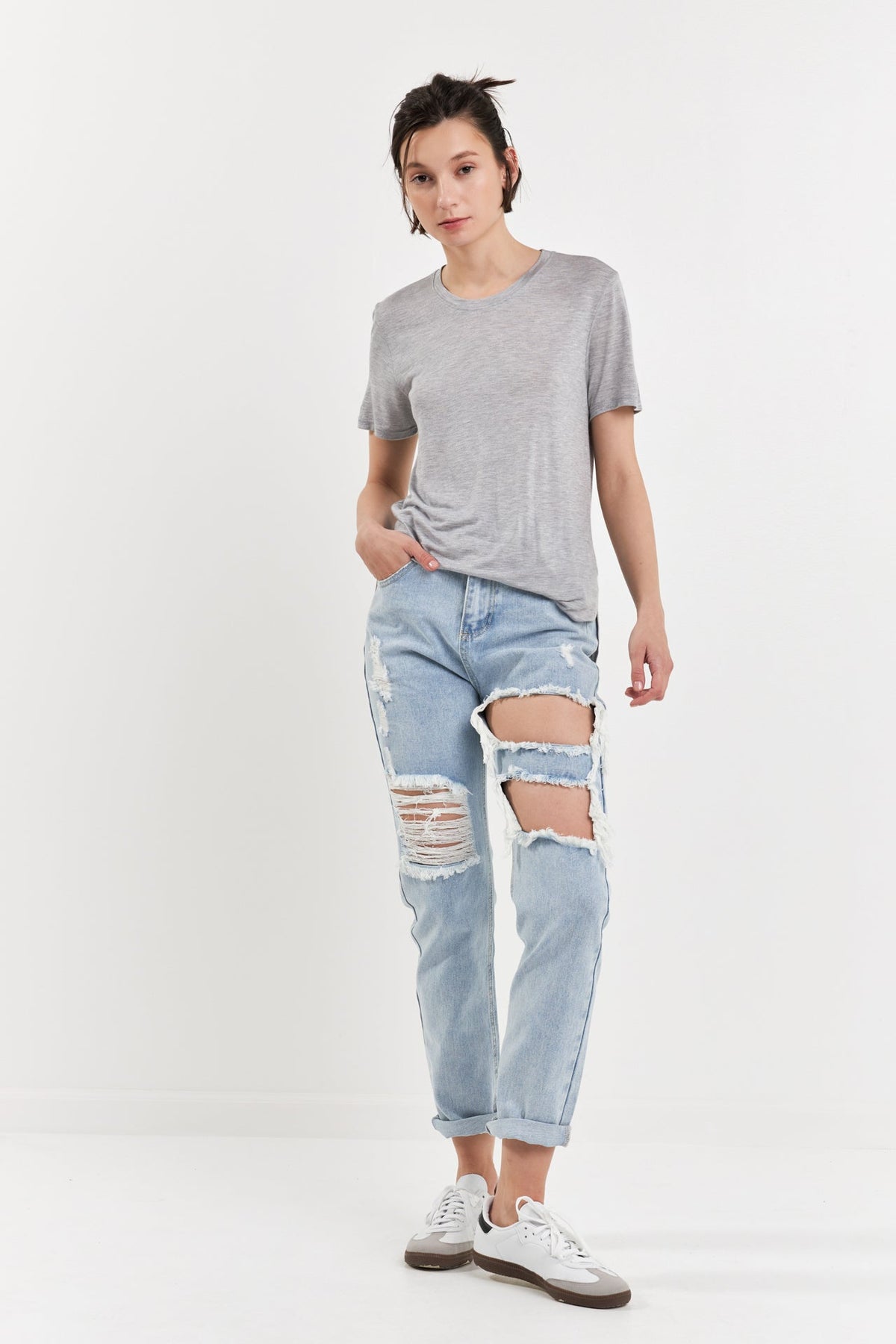 GREY LAB - High-Waisted Ripped Straight Leg Jeans - JEANS available at Objectrare