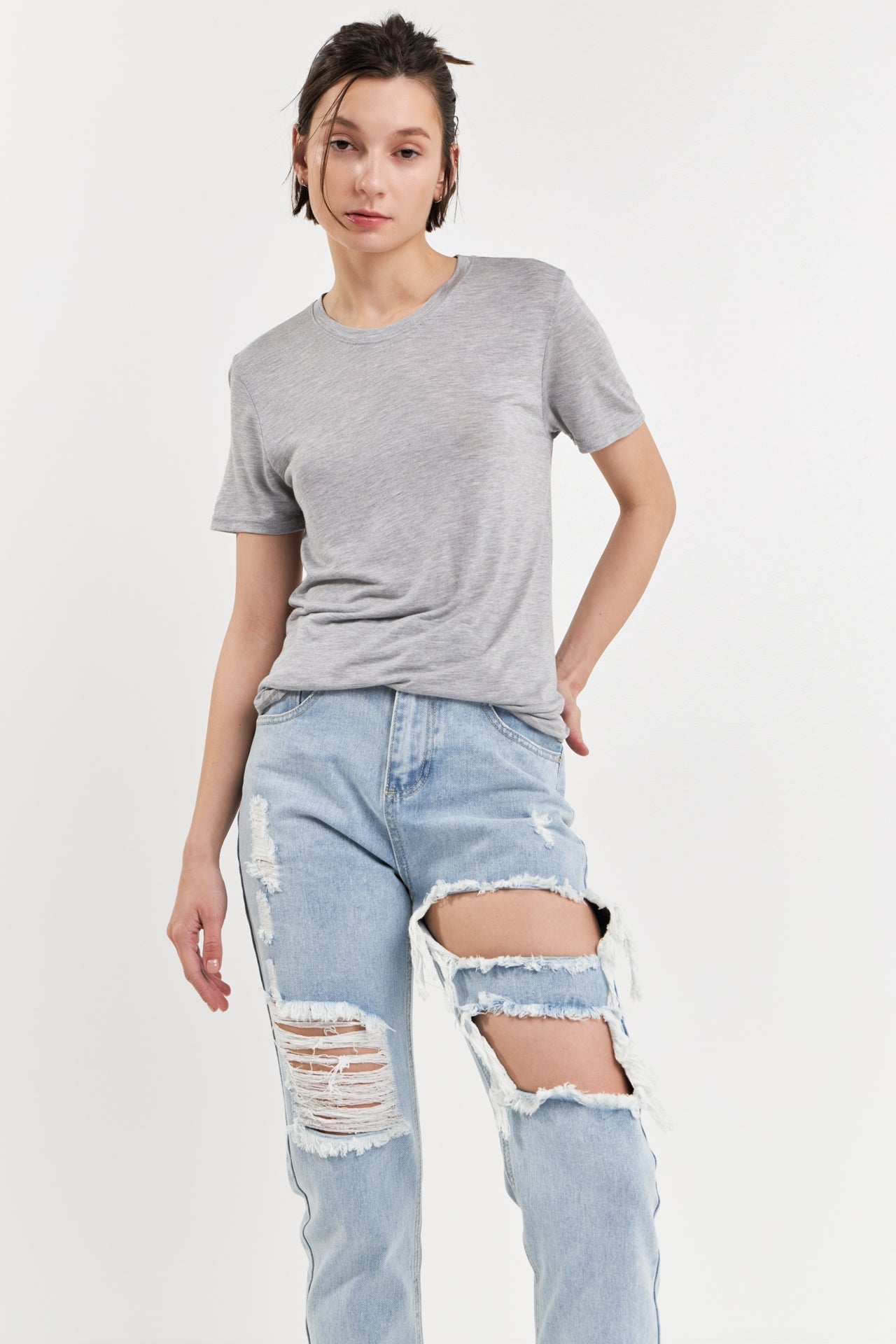 GREY LAB - High-Waisted Ripped Straight Leg Jeans - JEANS available at Objectrare