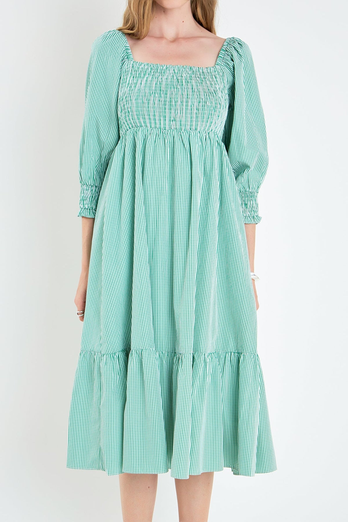 ENGLISH FACTORY - Gingham Smocked Midi Dress - DRESSES available at Objectrare