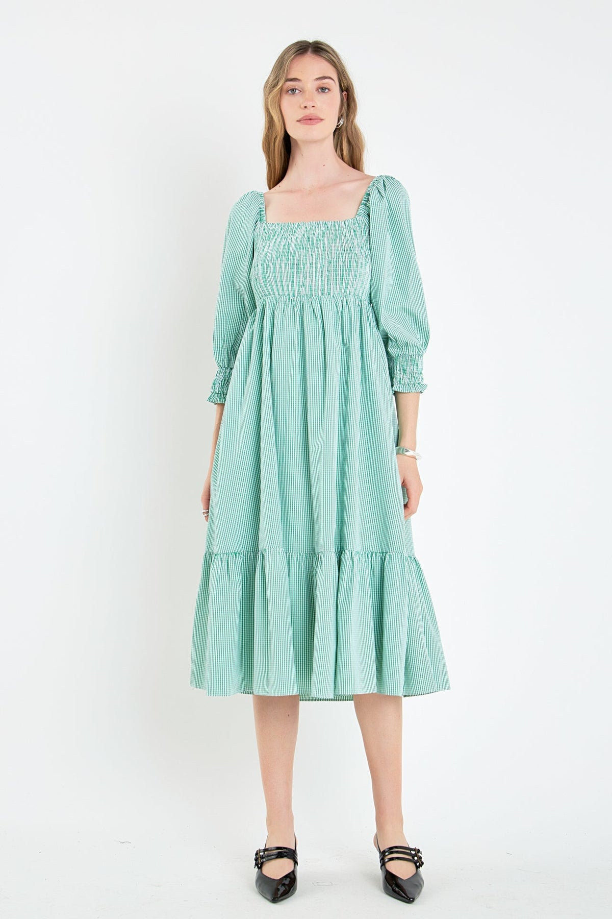 ENGLISH FACTORY - Gingham Smocked Midi Dress - DRESSES available at Objectrare