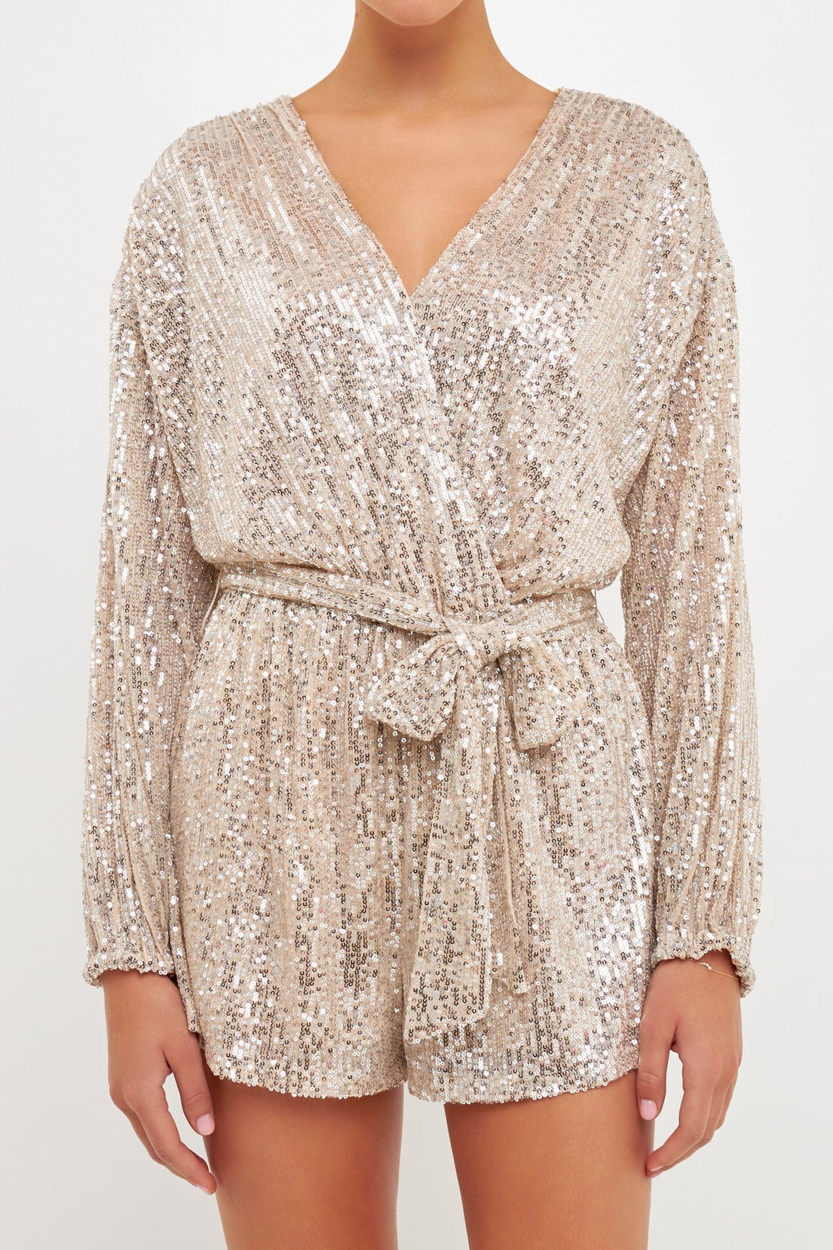 ENDLESS ROSE - Endless Rose - Wrap Belted Sequins Romper - ROMPERS available at Objectrare