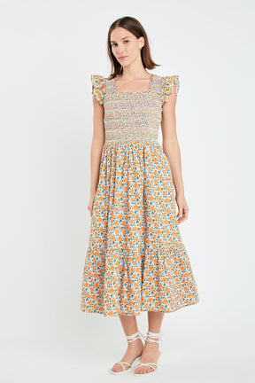 Embroidered Smocked Midi Dress