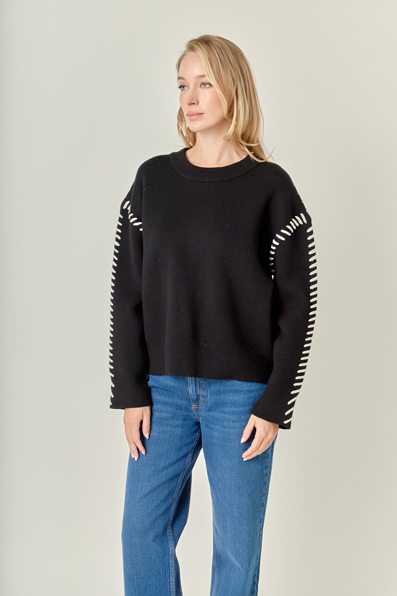 ENGLISH FACTORY - Whip Contrast Stitch Sweater - TOPS available at Objectrare