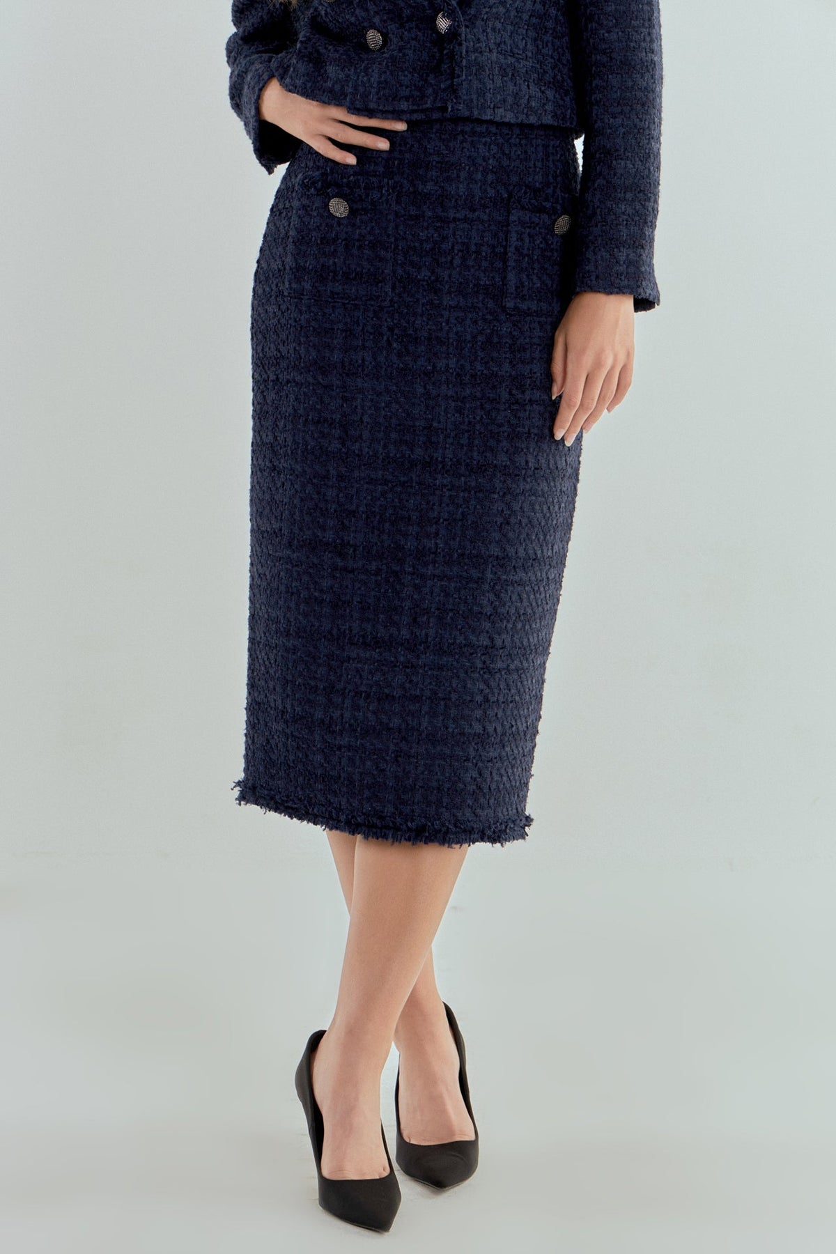 ENDLESS ROSE - Endless Rose - Boucle Tweed Trimmed Midi Skirt - SKIRTS available at Objectrare