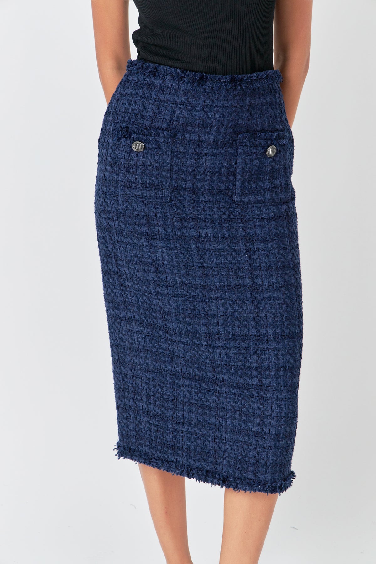 ENDLESS ROSE - Boucle Tweed Trimmed Midi Skirt - SKIRTS available at Objectrare