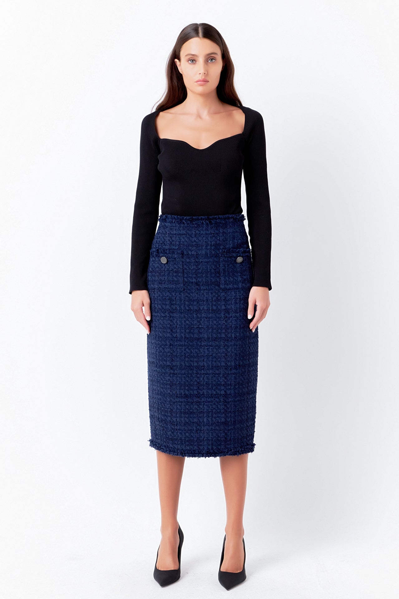 ENDLESS ROSE - Boucle Tweed Trimmed Midi Skirt - SKIRTS available at Objectrare