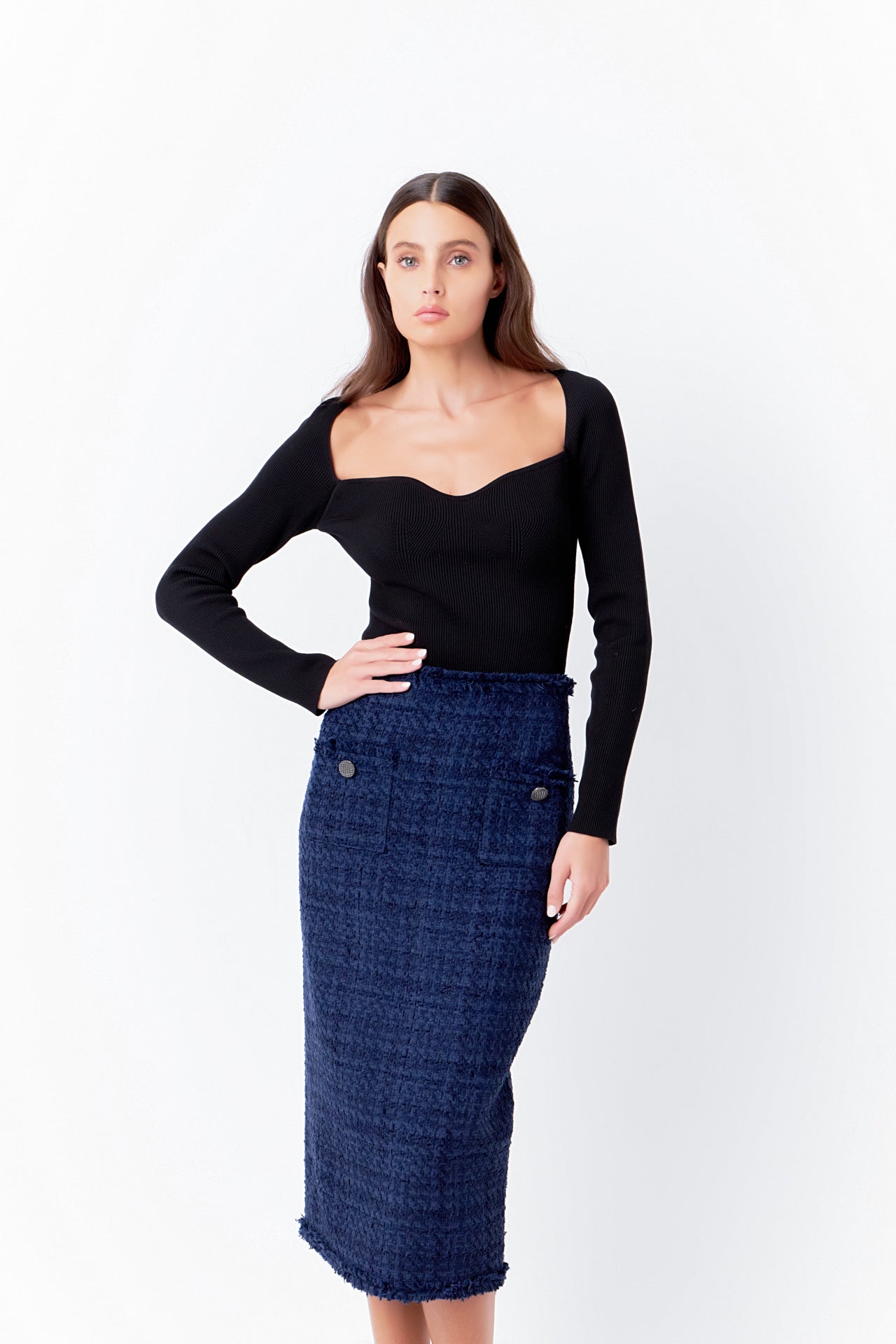 ENDLESS ROSE - Boucle Tweed Trimmed Midi Skirt - SKIRTS available at Objectrare