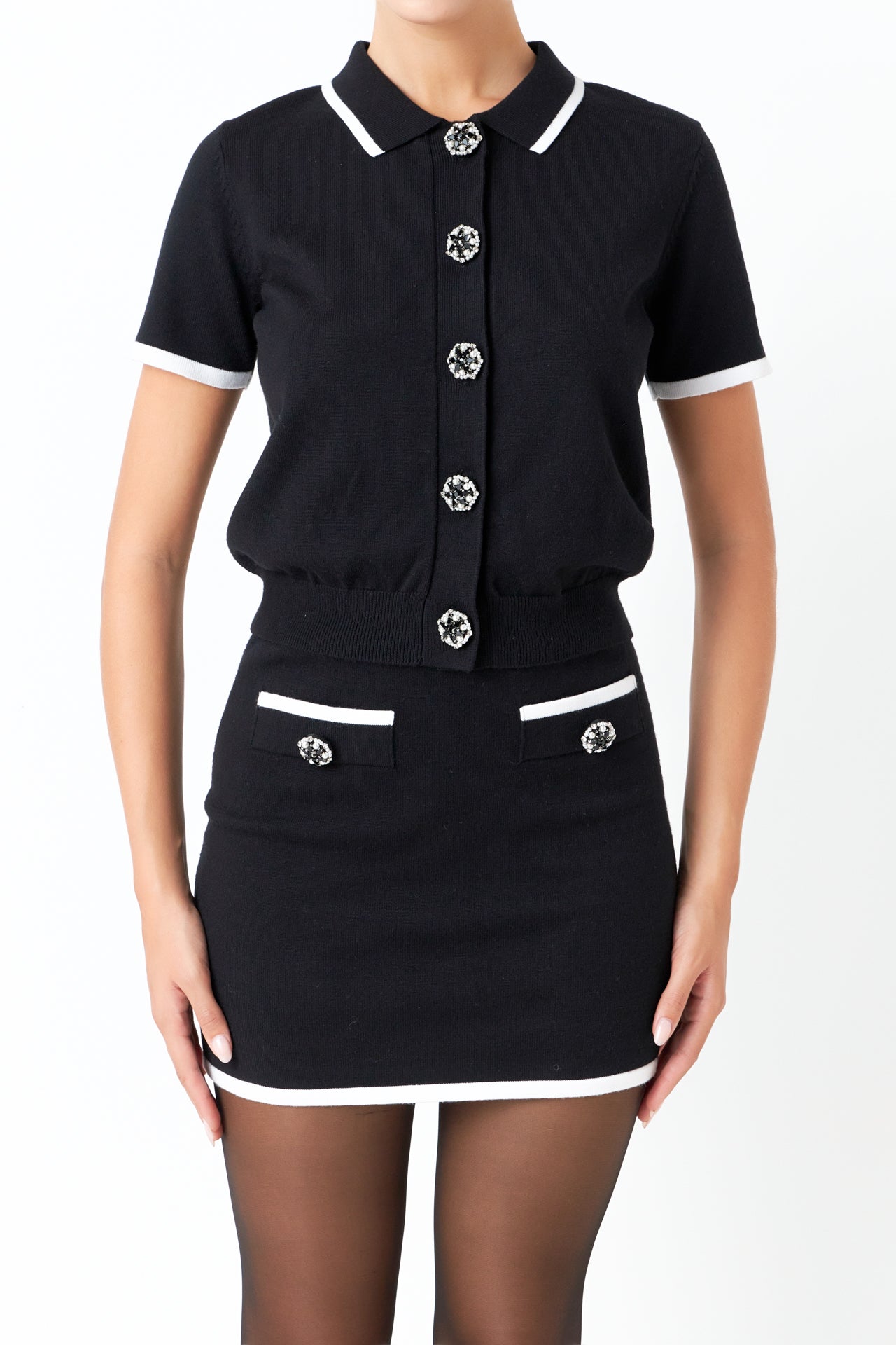 ENDLESS ROSE - Jewel Button Knit Collared Top - TOPS available at Objectrare