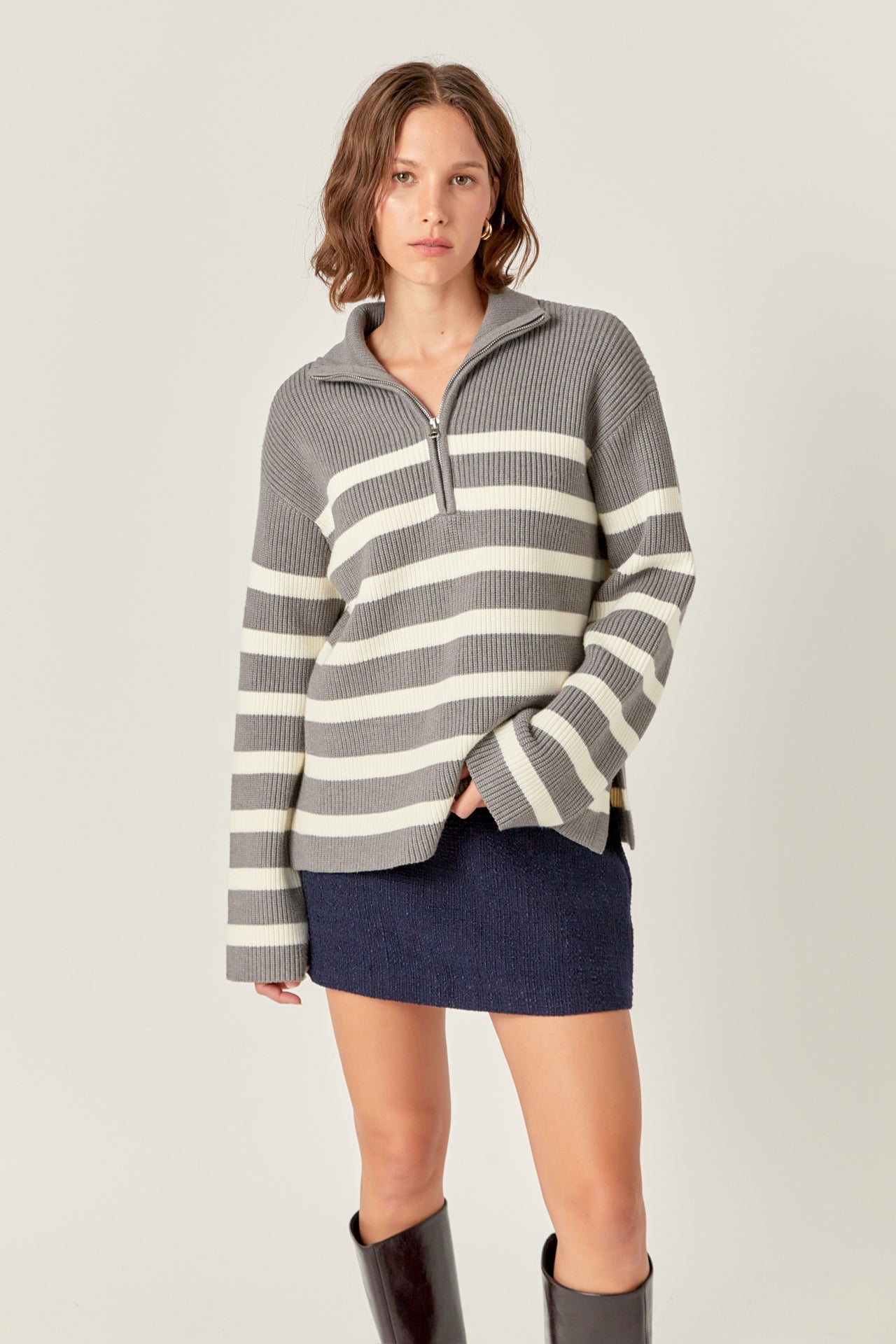 ENGLISH FACTORY - Striped Half-Zip Relaxed Sweater - SWEATERS & KNITS available at Objectrare