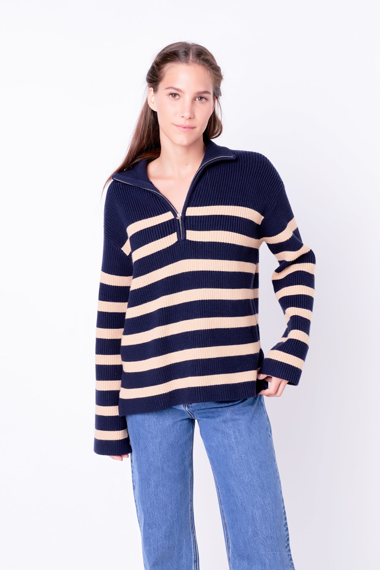 ENGLISH FACTORY - English Factory - Striped Half-Zip Relaxed Sweater - SWEATERS & KNITS available at Objectrare