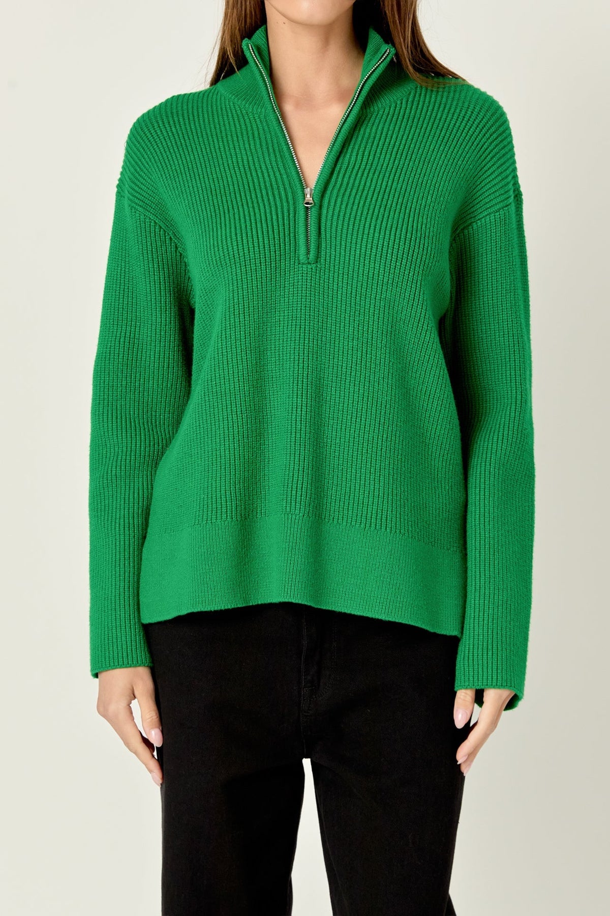 ENGLISH FACTORY - Zip Collared Sweater in Green - SWEATERS & KNITS available at Objectrare