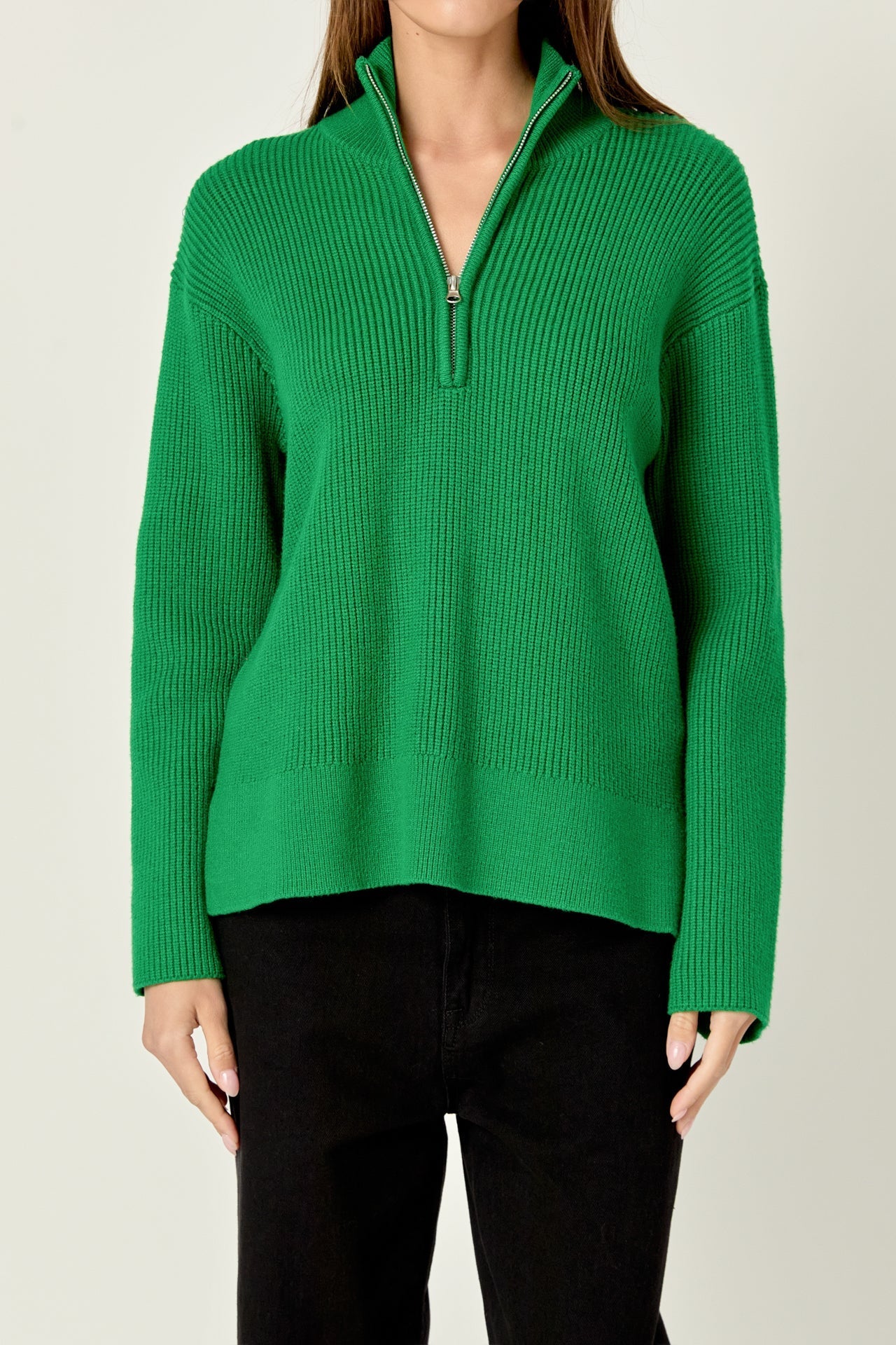 ENGLISH FACTORY - Zip Collared Sweater in Green - SWEATERS & KNITS available at Objectrare